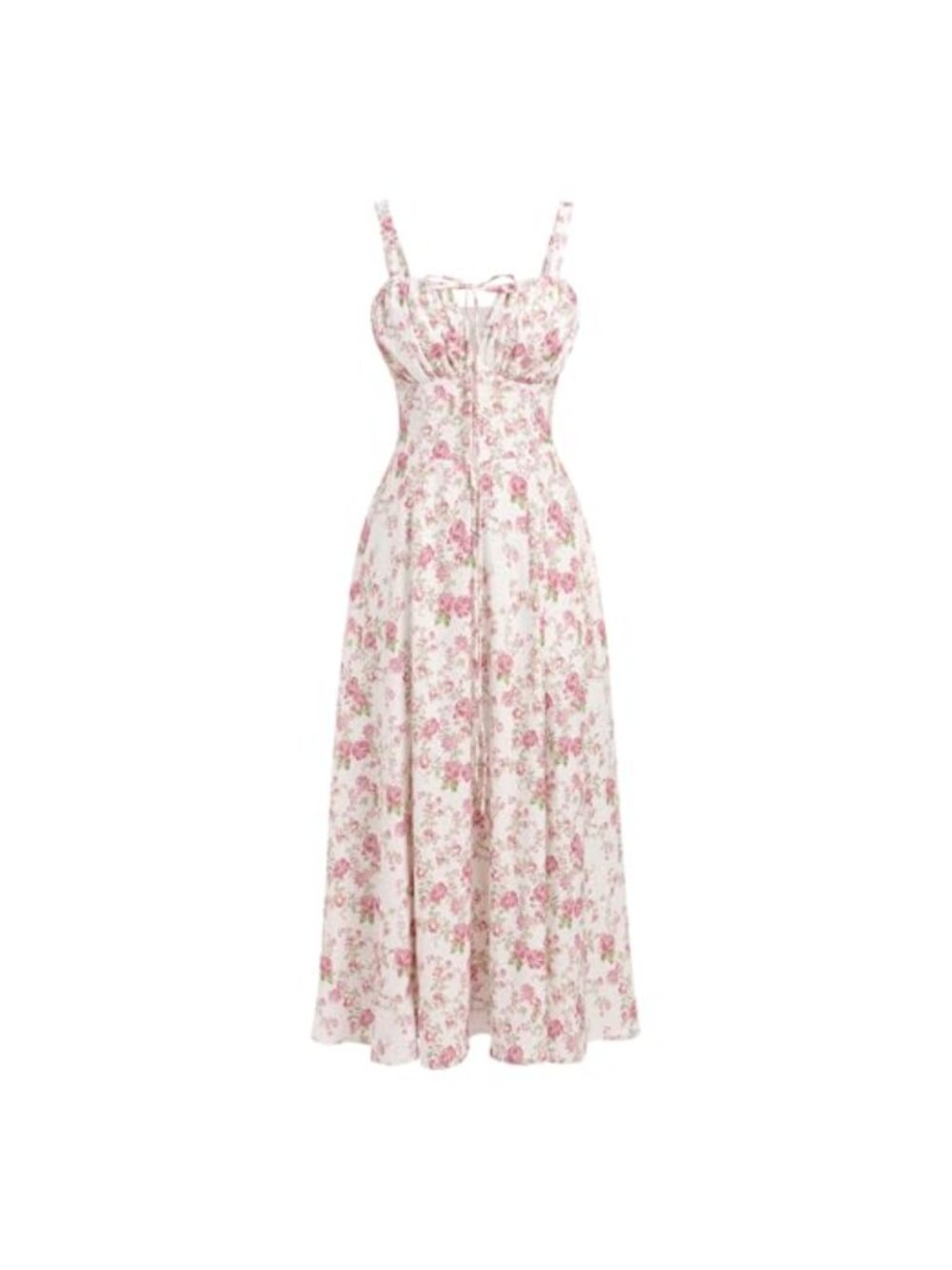 Floral Corset Midi Dress Spaghetti Strap Square Neck Flowy Slit Bustier
